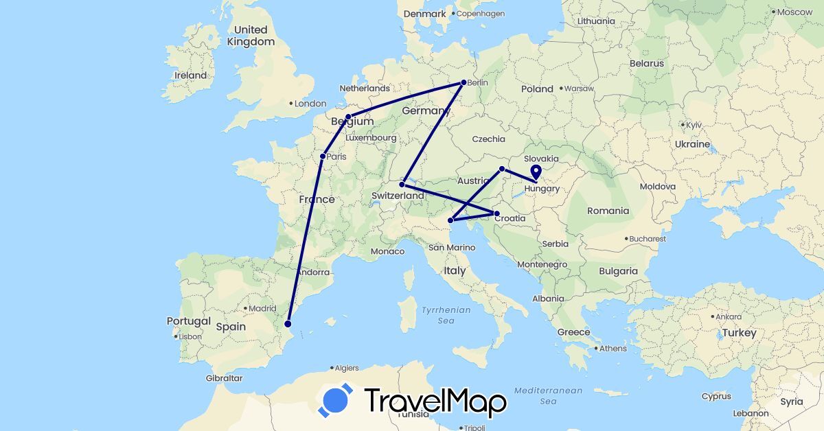 TravelMap itinerary: driving in Austria, Belgium, Switzerland, Germany, Spain, France, Croatia, Hungary, Italy (Europe)